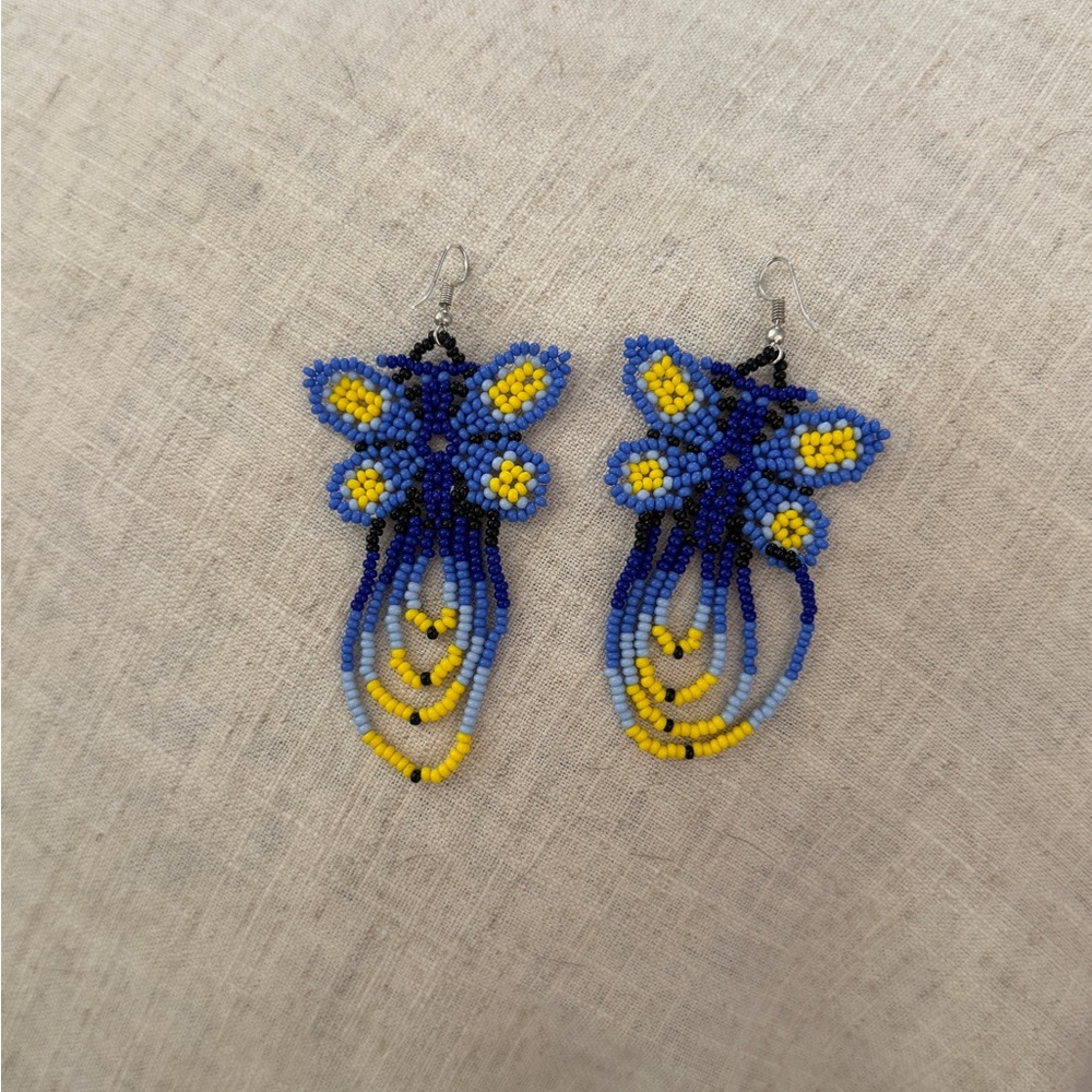 Handcrafted Beaded Earrings in Blue and Yellow Huichol
